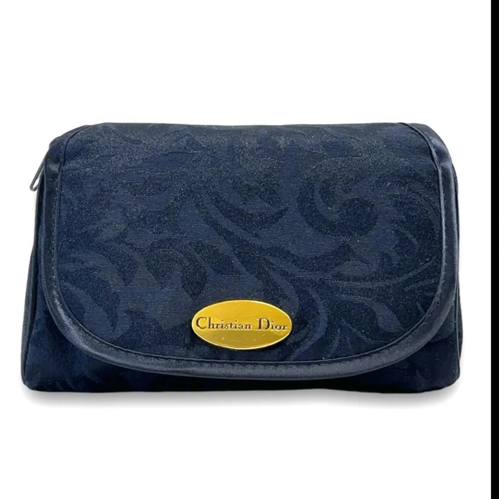 DIOR Midnight Blue Damask Cosmetic/Jewelry Bag Gold Tone Logo
